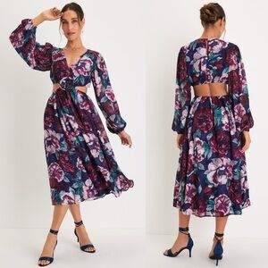 Lulus Garden Gem Navy Blue Floral Jacquard Cutout Rosette Midi Dress | XL